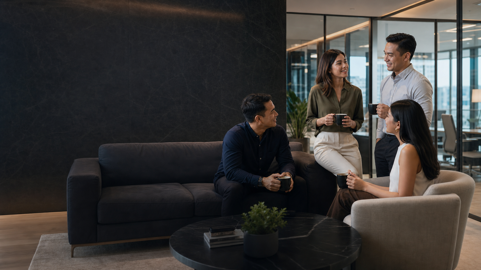 Professionals enjoying coffee together in a modern office